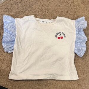 Zara White Tee with Red Cherry Embroidery and Blue Stripe Ruffle Sleeves